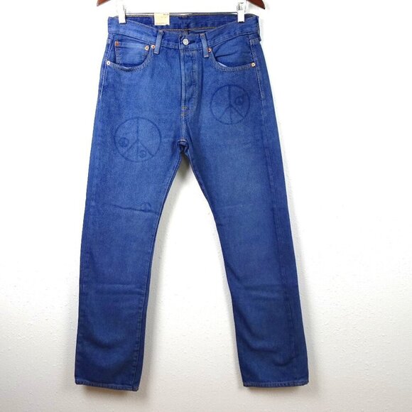 Levi's 501 Jeans Men's Size 32x32 Blue Denim 150 Anniversary Peace Sign - Picture 1 of 9